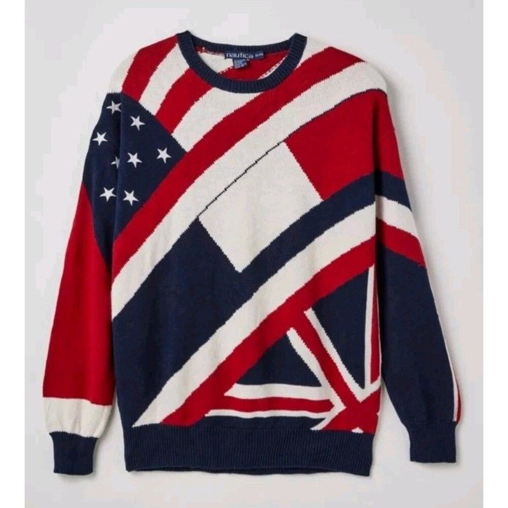 Nautica Sweater Men's XL American Flag Union Jack USA UK Fisherman Heavy Vintage
